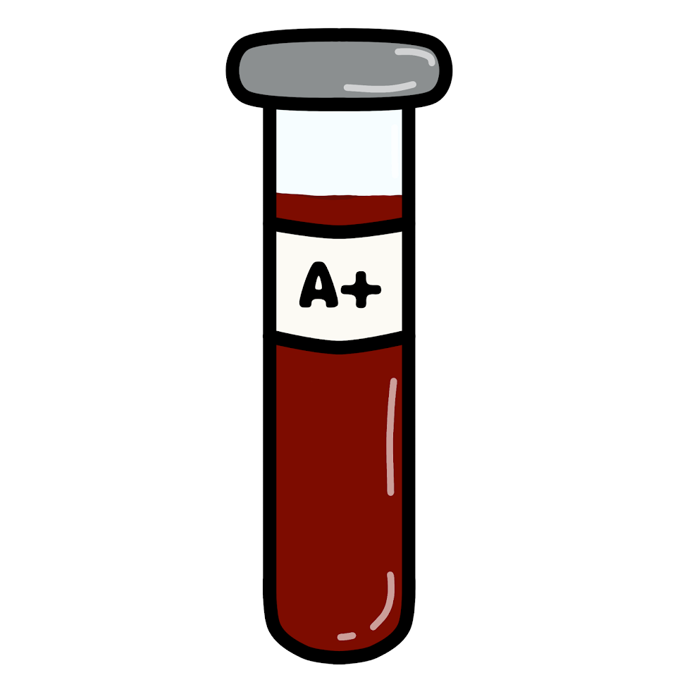 Cartoon style drawing of a glass vial filled with red liquid, there is a white label on the vial with, 'A+' on it